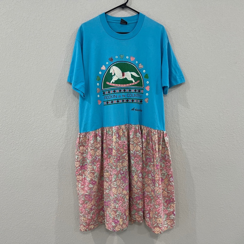 Vintage 90s Arkansas Rockin Country T Shirt Dress XL Floral Upcycled USA Made